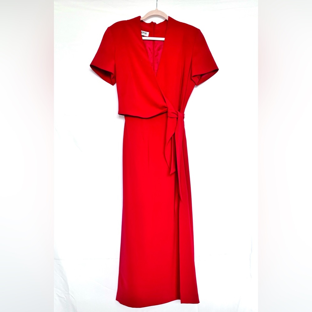 Kasper Dress V-neck Wrap Around Scarlet Red Side Slit Long Size 12